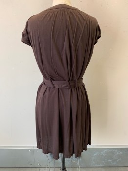 THEORY, Brown, Rayon, Cotton, CN, Button Front, Cap Sleeves, Gathered at Waist