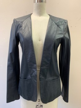 Womens, Leather Jacket, THEORY, Navy Blue, Leather, Solid, B32, 0, No Closures, 2 Pockets, Lapel Seamed Into Shoulder Yoke,