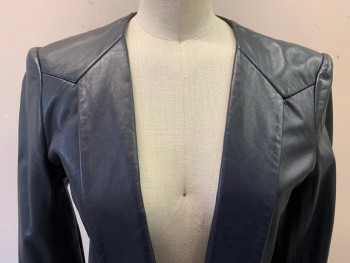Womens, Leather Jacket, THEORY, Navy Blue, Leather, Solid, B32, 0, No Closures, 2 Pockets, Lapel Seamed Into Shoulder Yoke,