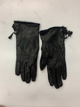 Womens, Leather Gloves, COLE HAAN, Black, Leather, Silk, Solid, 8, Black Faux Fur Trim, Wrist Length, Black Leather Strands Braided at Wrist with Fringe Tassels