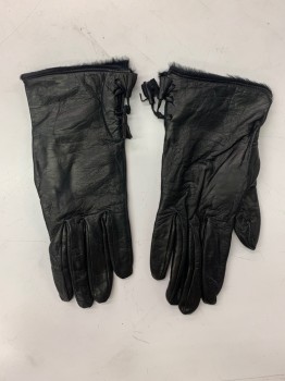 Womens, Leather Gloves, COLE HAAN, Black, Leather, Silk, Solid, 8, Black Faux Fur Trim, Wrist Length, Black Leather Strands Braided at Wrist with Fringe Tassels