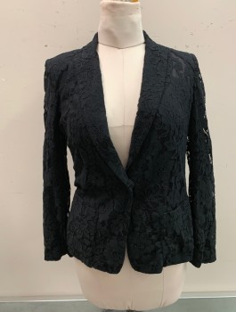 DKNY, Black, Cotton, Nylon, Solid, Floral, Peaked Lapel, 1snap Button, Single Breasted, 2 Pockets,