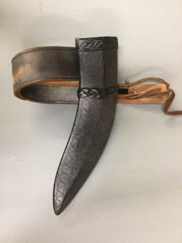 Unisex, Historical Fiction Gunbelt, N/L, Gray, Chrome Metallic, Leather, Scabbard/Sword Sheath: Gunmetal Metallic Painted Leather, 2" Wide Belt W/Curved Pointed Sword Compartment/Holder, Leather Thong Ties