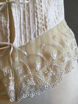 Womens, Camisole 1890s-1910s, FOX 111, Cream, Cotton, Solid, W32, B38, Ruffled Square Neckline. Wide Ruffled Shoulder Straps. Tuck Pleats At Front with Lace Inlay, 5 Skinny Ribbon Ties At Center Front, Sheer Embroidered Lace At Center Front Lower