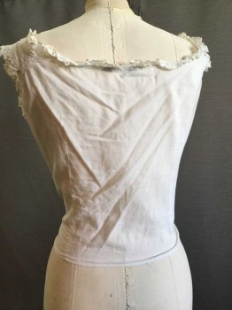 Womens, Camisole 1890s-1910s, FOX 111, Cream, Cotton, Solid, W32, B38, Ruffled Square Neckline. Wide Ruffled Shoulder Straps. Tuck Pleats At Front with Lace Inlay, 5 Skinny Ribbon Ties At Center Front, Sheer Embroidered Lace At Center Front Lower