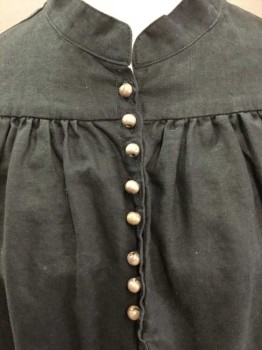 Womens, Historical Fiction Blouse, N/L, Black, Cotton, Solid, B44, Long Sleeves, Band Collar,  8 Small Round Wood Buttons At Neck, Gathered At Yoke, Multiples