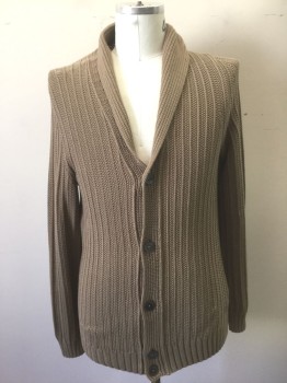 HUGO BOSS, Taupe, Cotton, Solid, Ribbed Knit, Long Sleeves, Shawl Collar, 5 Buttons