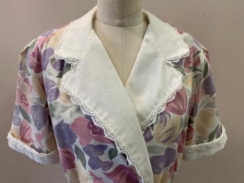 Start Alan Petites, White, Beige, Mauve Pink, Lavender Purple, Sage Green, Polyester, Rayon, Floral, White Notched Lapel & Rolled Short Sleeve Cuffs with Lace Trim, Cross Over Bust, Elastic Waist, with *Belt, Late 1980's Early 1990's