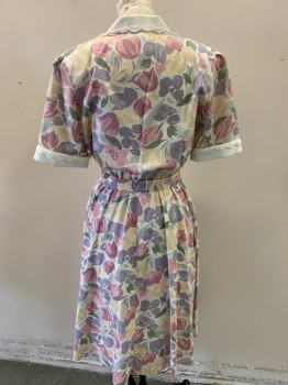 Start Alan Petites, White, Beige, Mauve Pink, Lavender Purple, Sage Green, Polyester, Rayon, Floral, White Notched Lapel & Rolled Short Sleeve Cuffs with Lace Trim, Cross Over Bust, Elastic Waist, with *Belt, Late 1980's Early 1990's