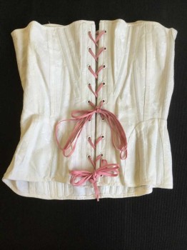 Womens, Corset 1890s-1910s, N/L, Off White, Pink, Polka Dots, Floral, W, W 24, Off White Polka Dots and Floral Brocade, Pink Lacing Back