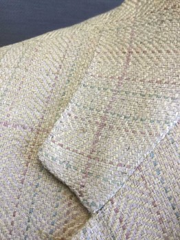 Mens, Blazer/Sport Co, GARY'S/NINES, Tan Brown, Beige, Mint Green, Silk, Polyester, Plaid-  Windowpane, Stripes - Pin, 38S, Single Breasted, Notched Lapel, 2 Buttons,  3 Pockets,