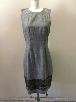 ELIE TAHARI, Black, White, Wool, Synthetic, Grid , Micro Black & White Grid Wool with Black & Khaki Raw Edge Crepe Chiffon Detail at Hemline. Fitted Dress. Sleevless Darted Neckline