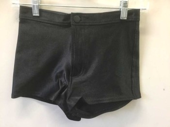 AMERICAN APPAREL, Black, Nylon, Spandex, Solid, Stretchy Booty/Hot Shorts, Zip Fly, Button Closure at Waist, 2 Patch Pockets in Back, High Waisted, 1.5" Inseam