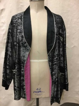 Mens, Smoking Jacket, Best Quality, Black, Silver, White, Silk, Novelty Pattern, 50, BLACK Shawl Lapel, Black And Creme Rope Trim, Pink Lining, Open Front
