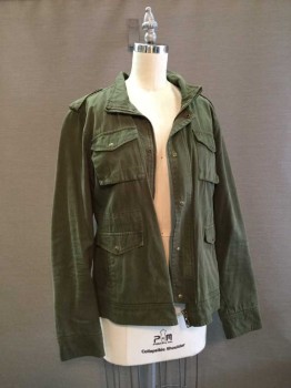 NSF, Olive Green, Cotton, Aged Casual Jacket,hidden  Zip & Snap Closure Front, 4 Pockets with Flaps