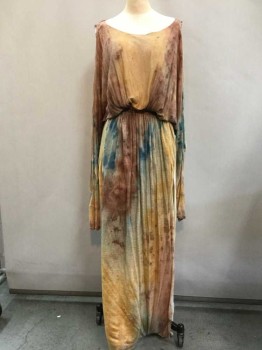 Womens, Sci-Fi/Fantasy Dress, MTO, Mustard Yellow, Turquoise Blue, Brown, Cotton, Tie-dye, S/M, Jersey, Bateau/Boat Neck, Long Bat-wing Sleeves with Shoulder To Wrist Slash, Draped Bodice, Elastic Waistband, Floor Length with High Thigh Slits On Both Sides