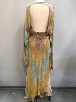 Womens, Sci-Fi/Fantasy Dress, MTO, Mustard Yellow, Turquoise Blue, Brown, Cotton, Tie-dye, S/M, Jersey, Bateau/Boat Neck, Long Bat-wing Sleeves with Shoulder To Wrist Slash, Draped Bodice, Elastic Waistband, Floor Length with High Thigh Slits On Both Sides