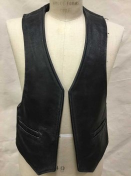 Mens, Leather Vest, VANSON, Black, Leather, Solid, 40, Black V-neck, Open Front, 2 Slash Pockets Bottom