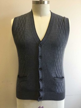 ZICAC, Slate Blue, Black, Acrylic, Polyester, Heathered, V Neck, Button Front, 2 Pocket, Black Trimmed Edge Detail. Some Pilling. Diamond Textured Side Front Panels at Fron