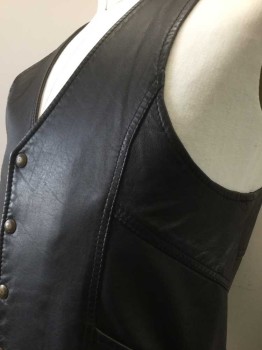 Mens, Leather Vest, N/L, Black, Leather, Solid, 42, Bronze Snaps at Center Front, V-neck, Diagonal Panels at Sides with 2 Hip Pockets