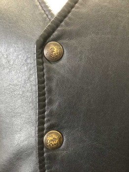 Mens, Leather Vest, N/L, Black, Leather, Solid, 42, Bronze Snaps at Center Front, V-neck, Diagonal Panels at Sides with 2 Hip Pockets