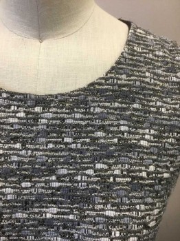 DVF, Gray, Silver, Lt Gray, Dk Gray, Nylon, Polyester, Stripes - Horizontal , Bouclé in Shades of Gray, with Silver Metallic Woven Through, Sleeveless, U-Neck, A-Line with Hem Mini,  2 Welt Pockets at Hips, Invisible Zipper at Center Back