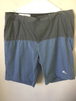 TOMMY BAHAMA, Gray, French Blue, Polyester, Spandex, Color Blocking, Solid, Board Shorts, Top 7" is Gray, the Rest of the Bottom is French Blue, Zip Fly, 5 Pockets, 9" Inseam