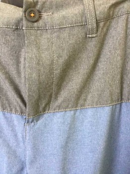 TOMMY BAHAMA, Gray, French Blue, Polyester, Spandex, Color Blocking, Solid, Board Shorts, Top 7" is Gray, the Rest of the Bottom is French Blue, Zip Fly, 5 Pockets, 9" Inseam