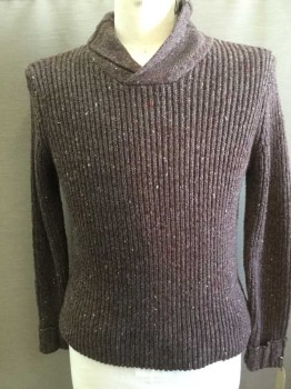 PRANA, Brown, Wool, Mottled, Purplish Brown with Flecks of Red/Yellow/Lt Blue, Ribbed Knit, Shawl Collar Neck, Cuffed Sleeves