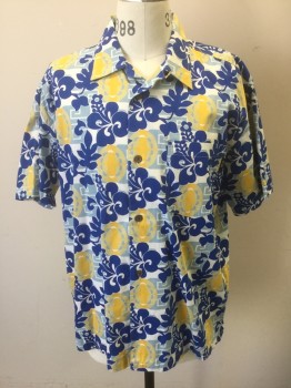 GOTCHA, Royal Blue, White, Lt Blue, Yellow, Cotton, Tropical , Abstract , White with Light Blue Tiki Geometric Rectangles, Blue Hibiscus Flowers, and Yellow Ovals, Short Sleeve Button Front, Collar Attached, 1 Pocket