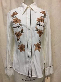 Womens, Shirt, RODEO GIRLS, Ivory White, Brown, Beige, Dk Gray, Rayon, Floral, S, Ivory, Brown/beige/dark Gray Floral Embroidery, Snap Front, Collar Attached, Long Sleeves,