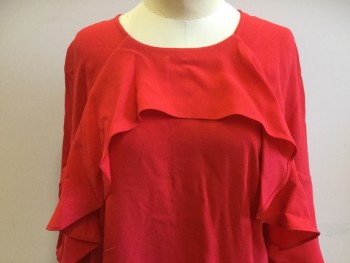 BCBG, Red, Polyester, Viscose, Solid, Red, Round Neck, with Ruffle Work on Neck & Long Sleeves, Key Hole Back, with 1 Colver Button, Pullover