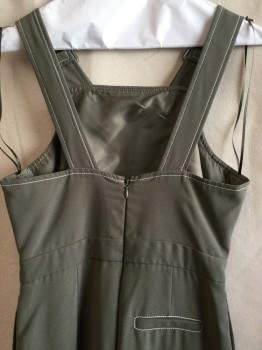 Womens, Overalls, TOP SHOP, Olive Green, Polyamide, Solid, S, White Stitches, 3 Pockets, Zip Back,