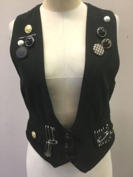 FREE PEOPLE, Black, Cream, Silver, Gold, Cotton, Solid, Black Twill, with Various Button Decorations - Pearls, Gold, Black in Silver or Gold Metal Setting, Black and Cream Gingham, Etc. 3 Buttons,  2 Pockets, Safety Pins on Pockets, Fitted, 80's Inspired