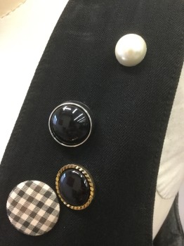 FREE PEOPLE, Black, Cream, Silver, Gold, Cotton, Solid, Black Twill, with Various Button Decorations - Pearls, Gold, Black in Silver or Gold Metal Setting, Black and Cream Gingham, Etc. 3 Buttons,  2 Pockets, Safety Pins on Pockets, Fitted, 80's Inspired