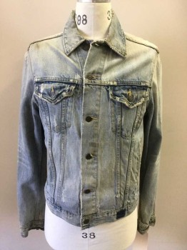 ABERCROMBIE & FITCH, Lt Blue, Cotton, Solid, Button Front, 4 Pockets, Collar Attached, Distressed