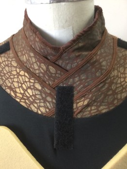 Mens, Historical Fiction Tunic, BILL HARGATE, Brown, Faded Black, Gold, Pewter Gray, Synthetic, C:38, S/S, Brown Shoulders & Neck with Gold Irregular Spots, Black Solid Stretch Chest,  2 Large Square Beige Foam Pads at Pecs, Mottled Gold Textured Leather Waist and Peplum, Hanging Panels of Gold Metallic Textured Vinyl, Rectangle with Hieroglyphics Pattern On Center Panel, Zip Back