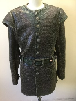N/L MTO, Black, Ecru, Dk Green, Leather, Reptile/Snakeskin, Fantasy Quasi-Historical Coat, Black Leather with Scales/Reptile Skin Texture, Ecru Edges of Scales, Self Covered Buttons at Front with Dragon Flies, Hidden Snap Closures Underneath, Detachable Long Sleeves, Dark Green Leather Edging with Ecru Blanket Stitching, Belt Loops, **Comes with Barcoded Belt