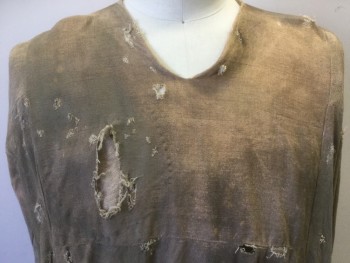 Mens, Historical Fiction Tunic, MTO, Dusty Brown, Tan Brown, Linen, Mottled, 42, Made To Order, Aged/Distressed,  V-neck, Long Sleeves, Raw Edge Hem, Many Holes,