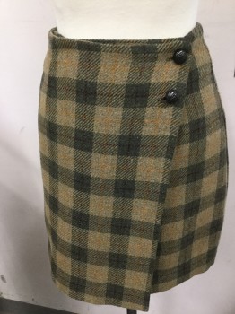 GUESS, Olive Green, Tan Brown, Red Burgundy, Orange, Wool, Plaid, Wrap, Two Black Buttons, Lined