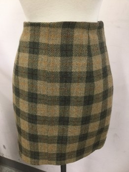 GUESS, Olive Green, Tan Brown, Red Burgundy, Orange, Wool, Plaid, Wrap, Two Black Buttons, Lined
