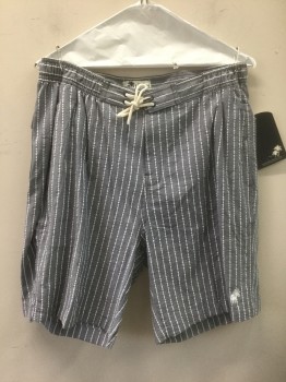 TRUNKS, Slate Gray, White, Synthetic, Seersucker, Stripes - Vertical , Slate Gray with White Seersucker Vertical Textured Stripes, Off White Cord Laces at Center Front Waist, Elastic at Waist Sides, 3 Pockets, 8" Inseam