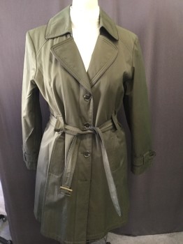 GALLERY, Olive Green, Cotton, Nylon, Solid, Button Front, Peaked Lapel, Dark Brown Pleather Trim, Fleece and Quilted Lining, Belt