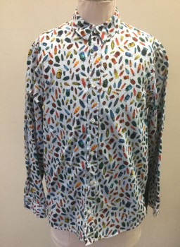 PAUL SMITH, Lt Blue, Multi-color, Cotton, Novelty Pattern, Boys, Light Blue with Colorful Bugs (Beetles, Crickets, Ladybugs, Etc) Pattern, Long Sleeve Button Front, Collar Attached, Solid Navy Stretch Jersey Panels Added at Sides