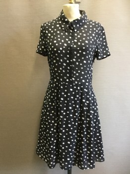 WAYF, Black, White, Polyester, Dots, Black with White Dots, Button Front Top, Collar Attached, Short Sleeves, Sheer Top, Pleated Skirt, 2 Pockets, Side Zip