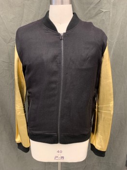 CH., Black, Gold, Linen, Rayon, Color Blocking, Black Twill, Zip Front, Ribbed Knit Bomber Collar, Ribbed Knit Waistband/Cuff, Gold Leather Long Sleeves