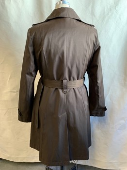 RALPH LAUREN, Chocolate Brown, Cotton, Polyester, Solid, Double Breasted, Collar Attached, Epaulets, 2 Pockets, Long Sleeves, Button Tab at Cuff, Self Belt