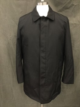 JOSEPH ABBOUD, Black, Nylon, Polyester, Solid, Zip Front, Hidden Button Front, Collar Attached, Long Sleeves, 2 Pockets, Zip in Quilted Lining