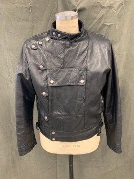 JAPA JACQUES VINCENT, Black, Leather, Solid, Snap Crossover with Snap Underpanel, 1 Snap Flap Center Pocket, 2 Side Pockets, Side Lace Up at Waists, Stand Snap Collar