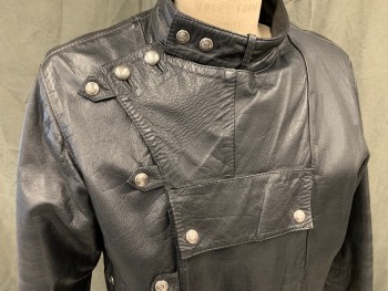 JAPA JACQUES VINCENT, Black, Leather, Solid, Snap Crossover with Snap Underpanel, 1 Snap Flap Center Pocket, 2 Side Pockets, Side Lace Up at Waists, Stand Snap Collar